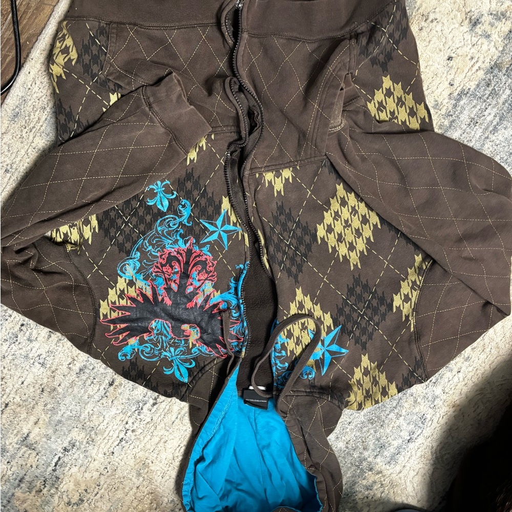 Brown Patterned Lightweight Hooded Shirt Jacket with Teal Lining